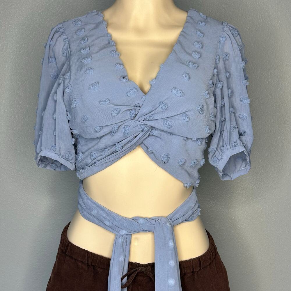 Coquette Sky to Moon Blue Swiss Dot Wrap Crop Top Tie Waist Open Back Size M